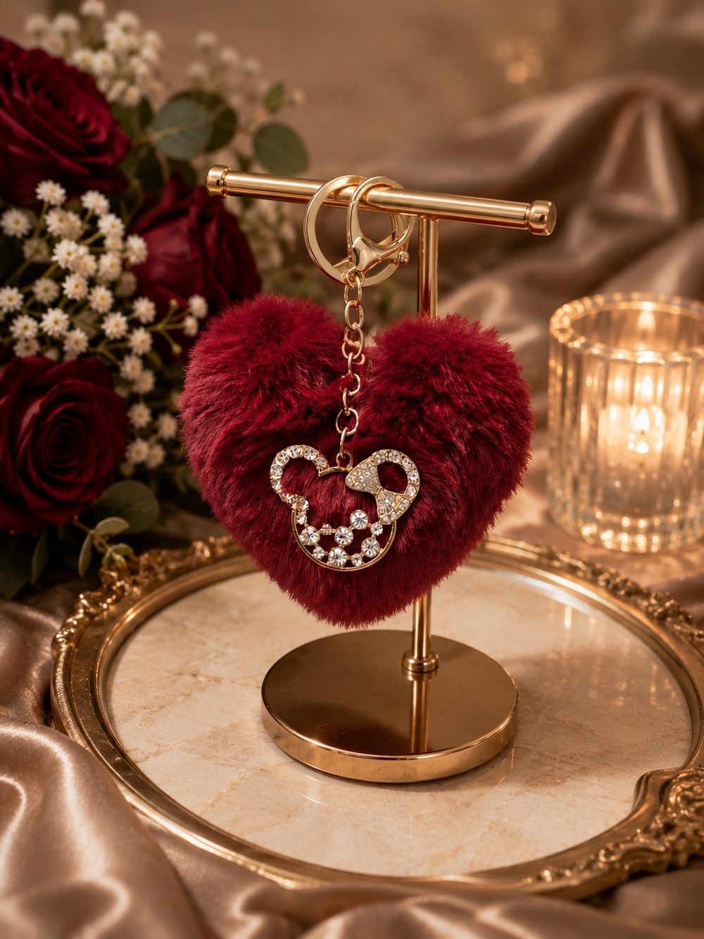 Plush Heart Keychain with Minnie Charm -